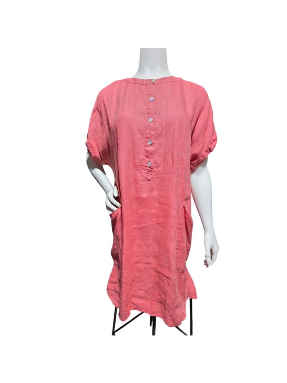Magaschoni Coral Linen Shift Dress L Lagenlook Minimalist Midi Pockets Cuffed